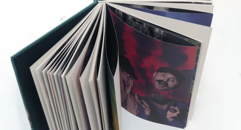 The book standing open on white, its pages fanned around a colour plate
