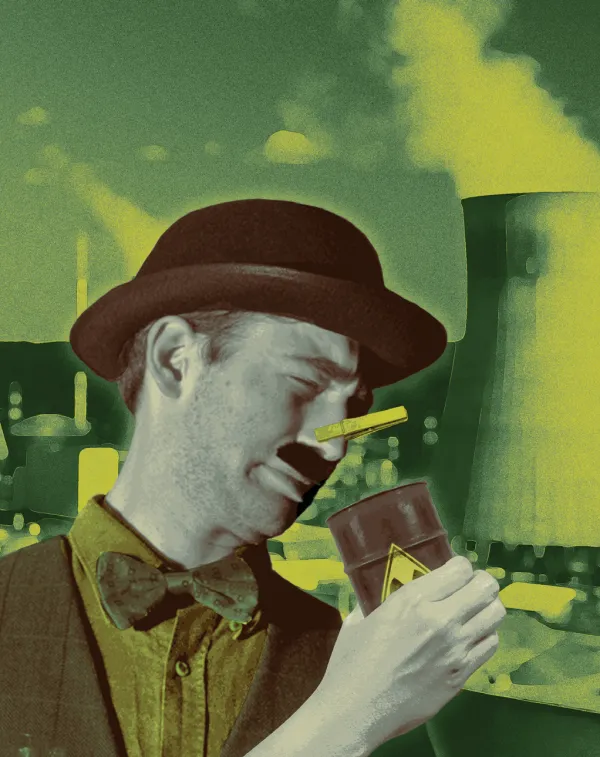 A man in a bowler hat holding a chocolate bar, lit in acid green, a cooling tower behind him