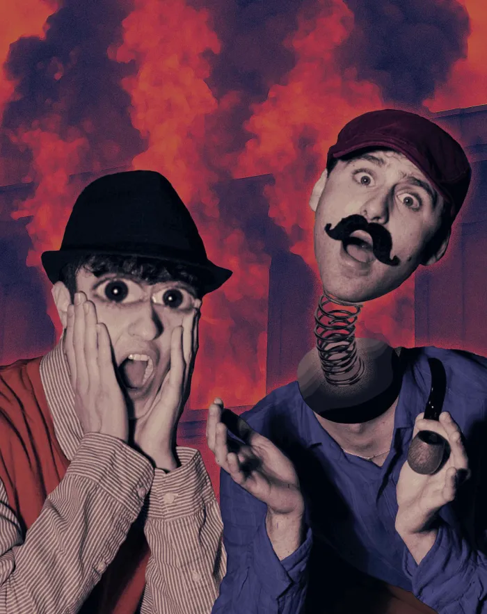 Two men with bulging eyes and springs for noses, staged against flames