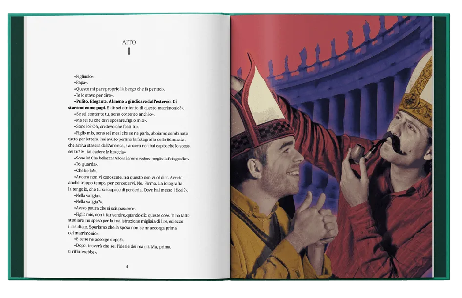 The book open: left-flag text facing a colour plate