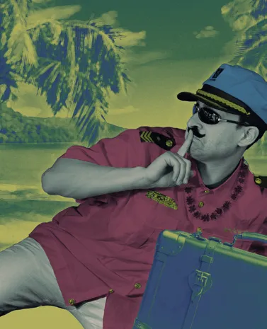 A man in sunglasses and a captain's cap clutching a suitcase, in acid green