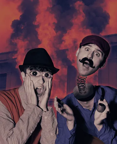 Two men with bulging eyes and springs for noses, against flames