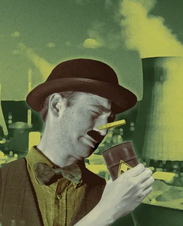 A man in a bowler hat holding a chocolate bar, a cooling tower behind him