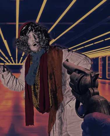 A man in a shawl on a stage under raking yellow light
