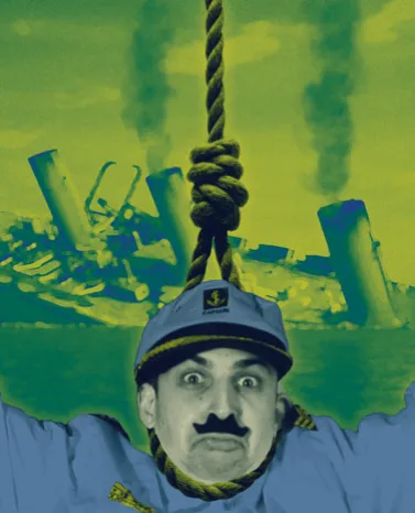 A sailor under a noose, a ship sinking behind him