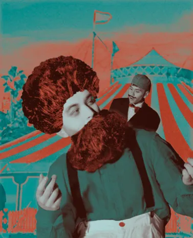 A clown with a red wig in front of a circus tent