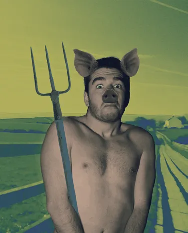 A shirtless man with pig ears holding a pitchfork