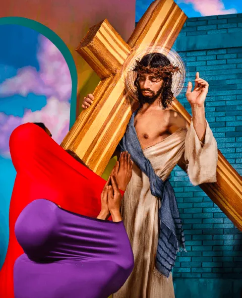 A David LaChapelle image: Christ carrying the cross in saturated colour