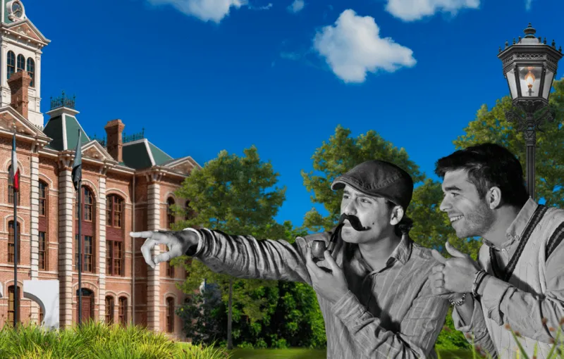 The same shot composited in front of a palazzo under a blue sky