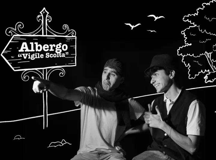 Early test: the photo against a hand-drawn “Albergo Vigile Scolta” sign
