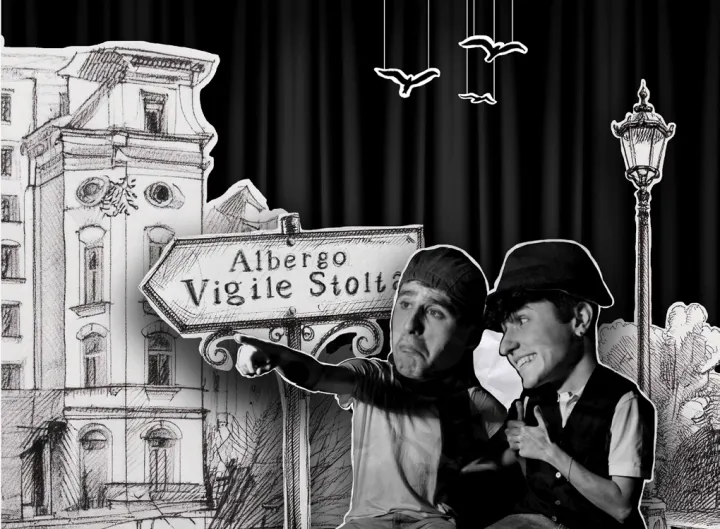 Early test: the men set into an engraved illustration of the hotel