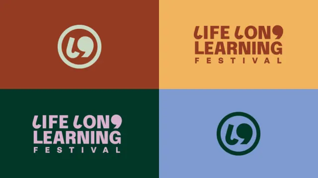 The Lifelong Learning Festival logo, wordmark and comma symbol, in four colour variants