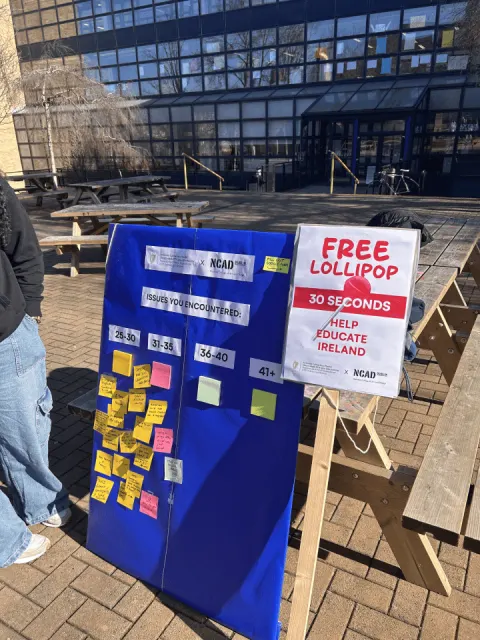 The blue research board covered in sticky notes sorted by age group, outside NCAD