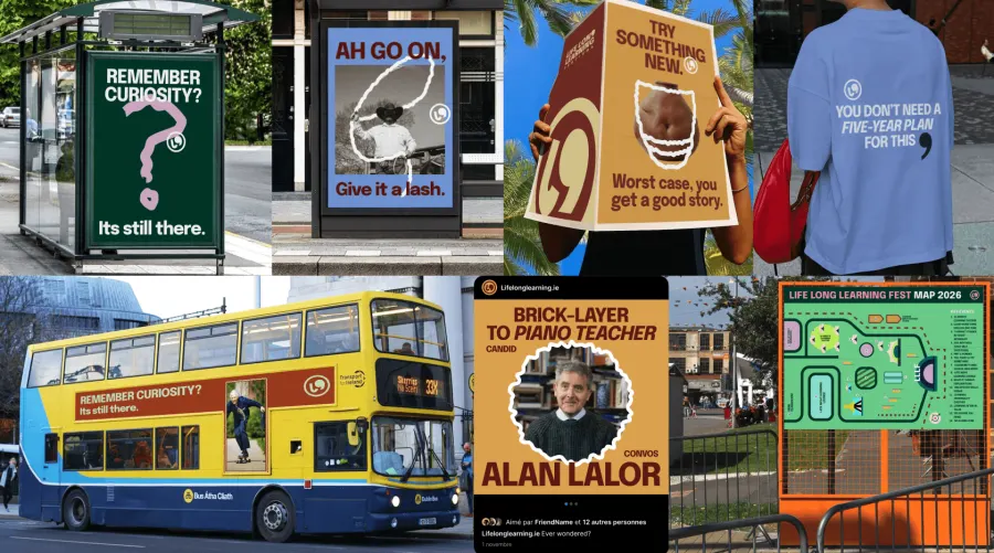Collage of the festival in the city: bus stop posters, a double-decker bus, a brick-layer turned piano teacher, the festival map