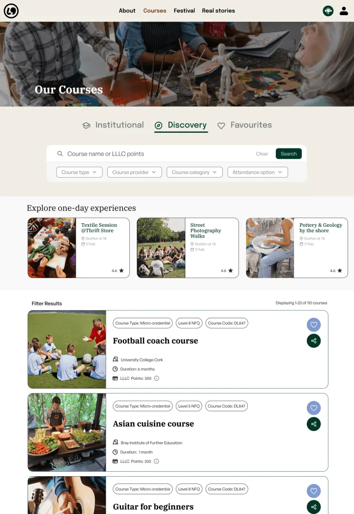 Course research page with filters and one-day experiences