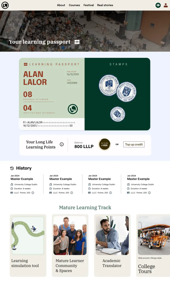 Profile page with the learning passport and Mature Learner track