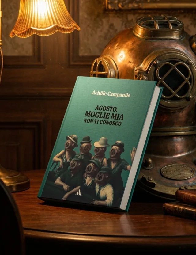 Close-up of the book Agosto, moglie mia non ti conosco on a wooden table, in front of a brass diving helmet