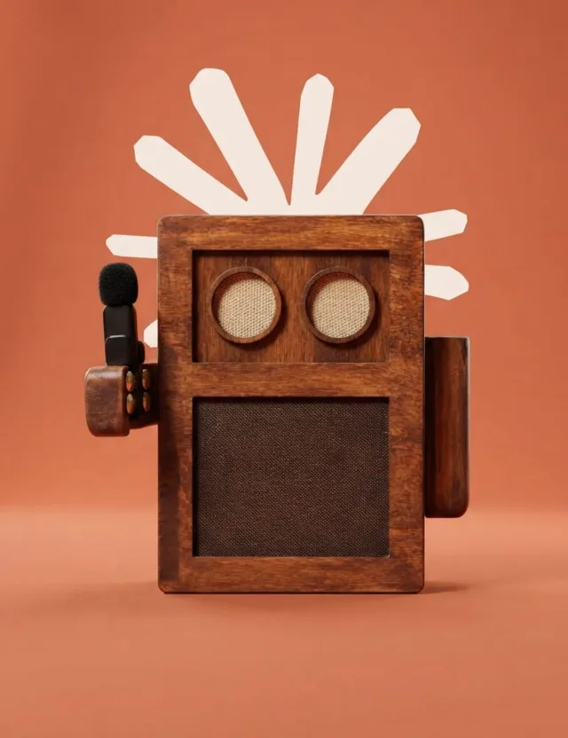 Lugh, a wooden voice-first dock with round eyes and a microphone, against a terracotta backdrop