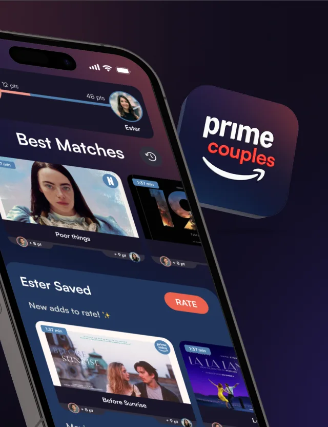 Close-up of the Prime Couples app on a phone, showing Best Matches and Ester Saved, beside the app icon