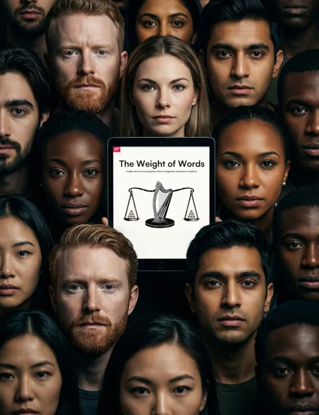 A tablet showing The Weight of Words, surrounded by a wall of faces