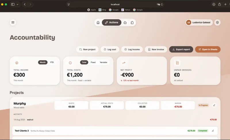 Accountability page: earnings, costs and project totals