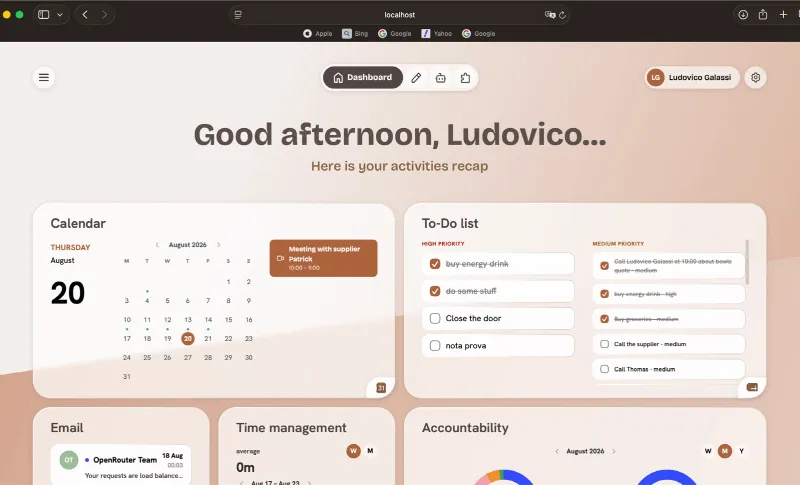 Dashboard home: “Good afternoon, Ludovico”, with calendar, to-do list, email and accountability cards