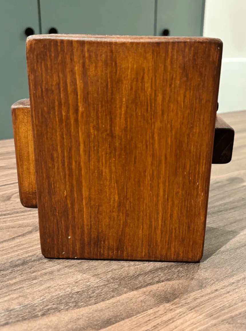 The finished dock from behind: plain walnut-stained wood