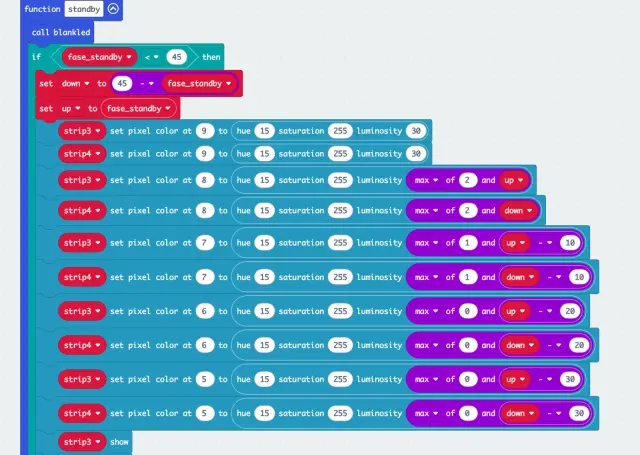 MakeCode block program defining the standby breathing-light function