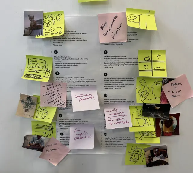Research wall of sticky notes, printed situation cards and photographs