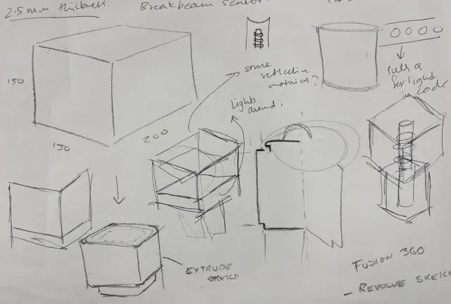 Pencil studies of the cube form, sensor placement and internal light chamber