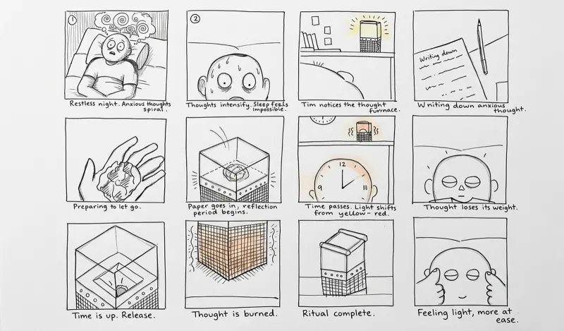 Twelve-frame hand-drawn storyboard, from a restless night to feeling light at ease