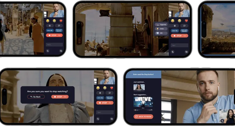 Six phones in landscape: a film playing with the partner&rsquo;s video, reactions, floating messages and the stop dialog
