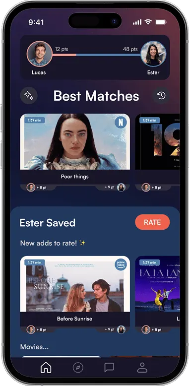 App screen: Best Matches, with both partners&rsquo; watch scores