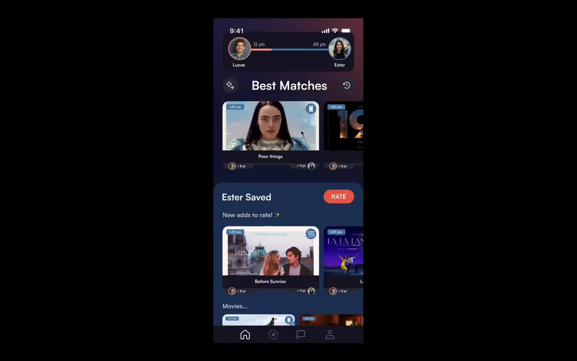 The Prime Couples app on a phone: Best Matches, with Lucas and Ester's watch scores at the top