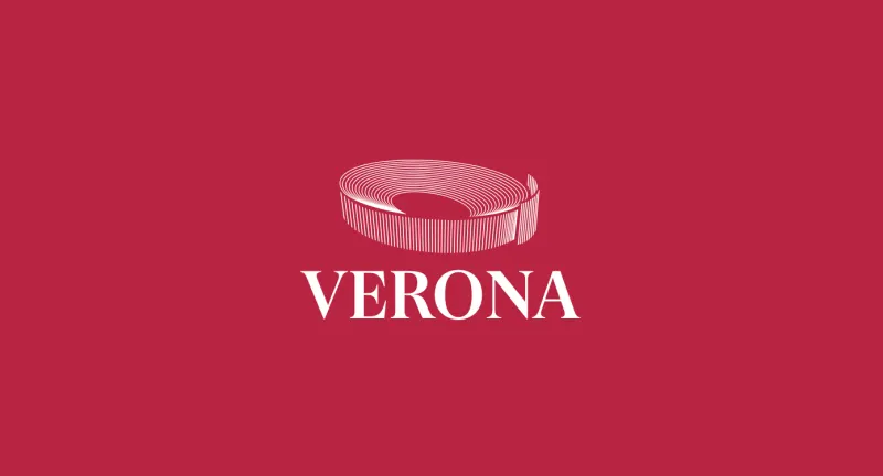 The Verona UNESCO mark, an abstracted Arena above the VERONA wordmark, on crimson red