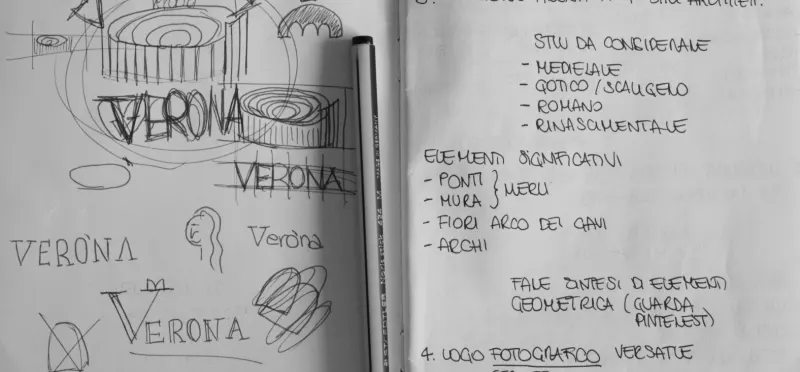 Pencil sketches of the wordmark and notes on bridges, walls and arches