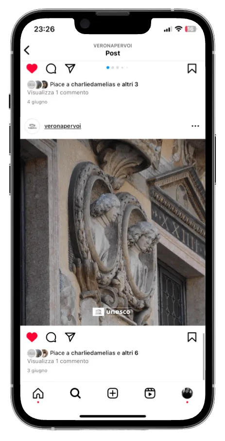 Instagram post on a phone: a detail of a sculpted façade