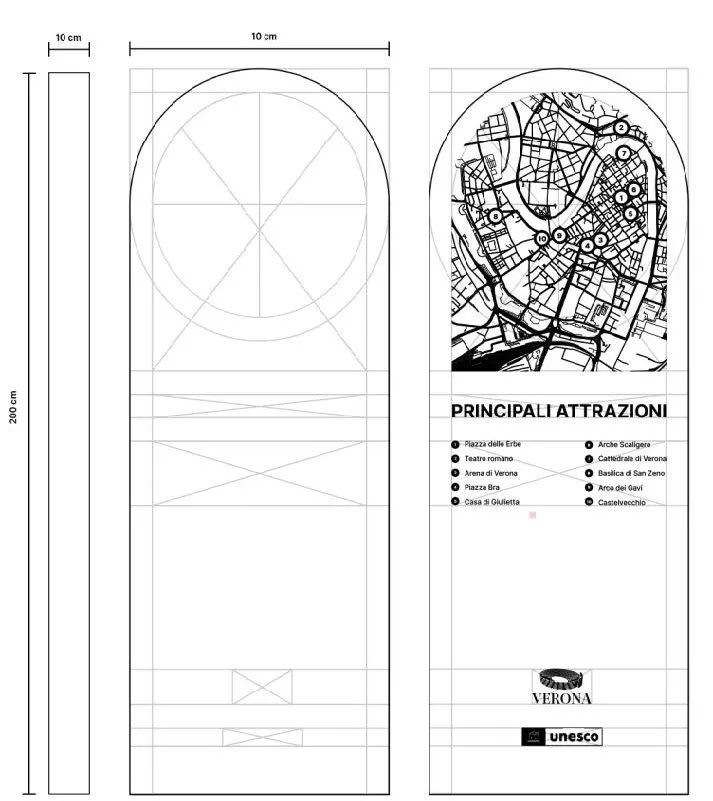 Technical drawing of the monumental totem with a city map